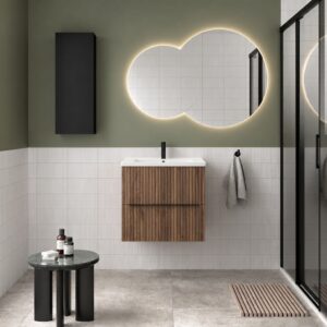 Meuble salle de bain BIBA 600 2 tiroirs métalliques avec frein NOYER MAYA 598 x 540 x 450 mm + Vasque IBERIA EN PORCELAINE BLANCHE 60CM