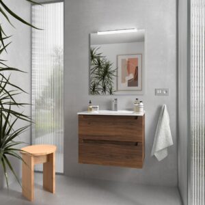 Meuble salle bain MONTERREY 600 2 tiroirs métallique NOYER MAYA 598 x 540 x 450 mm + Vasque IBERIA EN PORCELAINE BLANCHE 60CM
