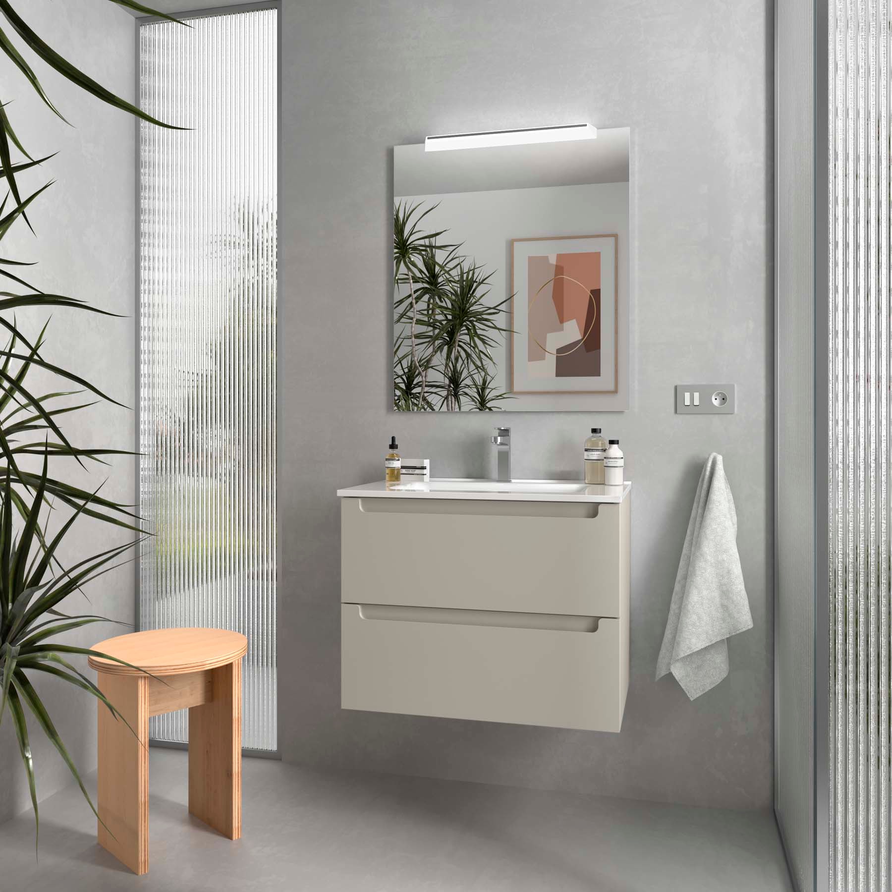Meuble de salle de bain Monterrey 600 2 tiroirs Moon Grey +  Vasque IBERIA EN PORCELAINE BLANCHE 60CM