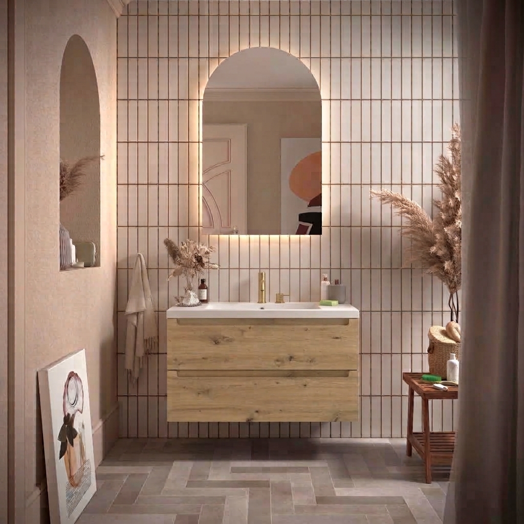 Mobilier de salle de bain Monterrey 1000 2 tiroirs Montana Oak + Vasque IBERIA EN PORCELAINE BLANCHE 100CM