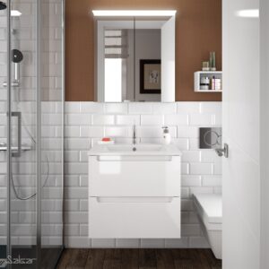 Meuble MONTERREY 600 2 tiroirs métalliques BLANC BRILLANT 597 x 540 x 450 mm + Vasque IBERIA EN PORCELAINE BLANCHE 60CM