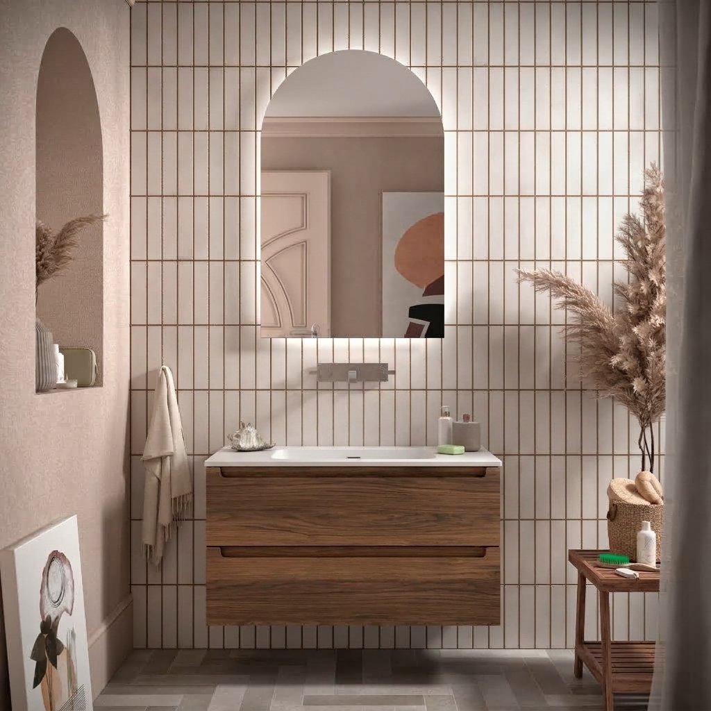 Meuble salle bain MONTERREY 1000 2 tiroirs métallique NOYER MAYA 997 x 540 x 450 mm + Vasque IBERIA EN PORCELAINE BLANCHE 100CM