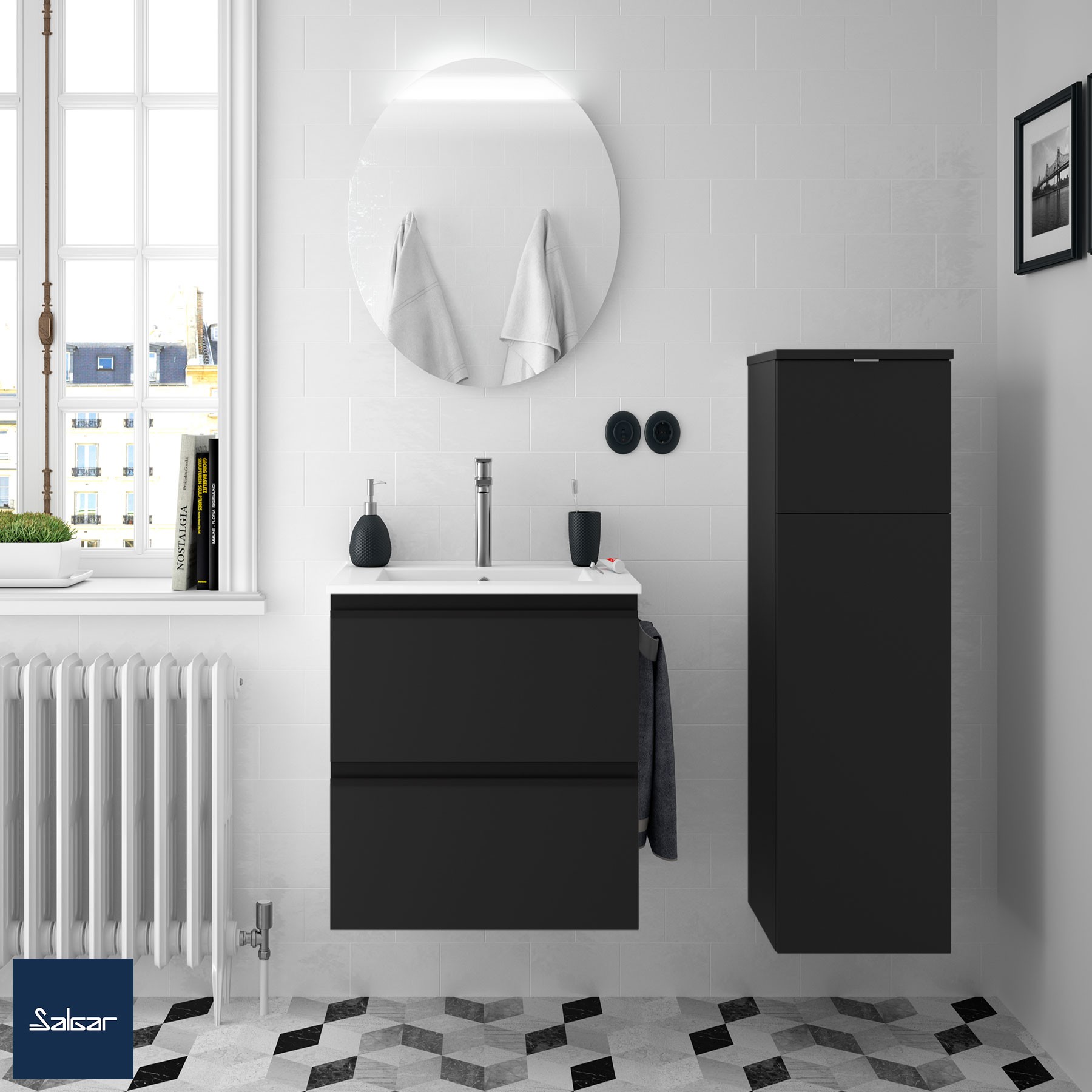 Meuble de salle de bain SPIRIT 600 2 tiroirs métalliques à fermeture amortie BLACK VELVET 598 x 540 x 450 mm +  Vasque IBERIA EN PORCELAINE BLANCHE 60CM